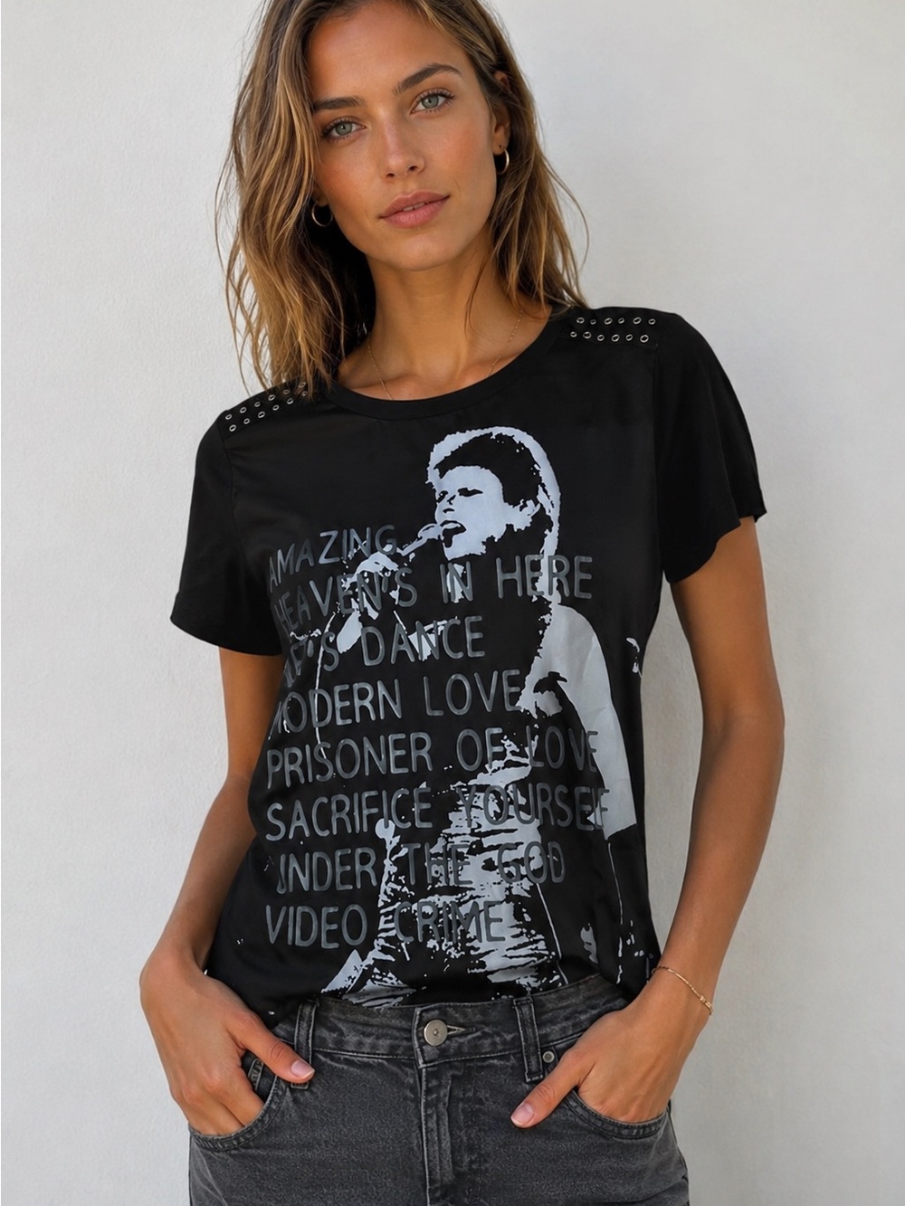 ICE Iceberg RARE David Bowie Graphic Tee Shirt Black Grommet Shoulder Sz Small